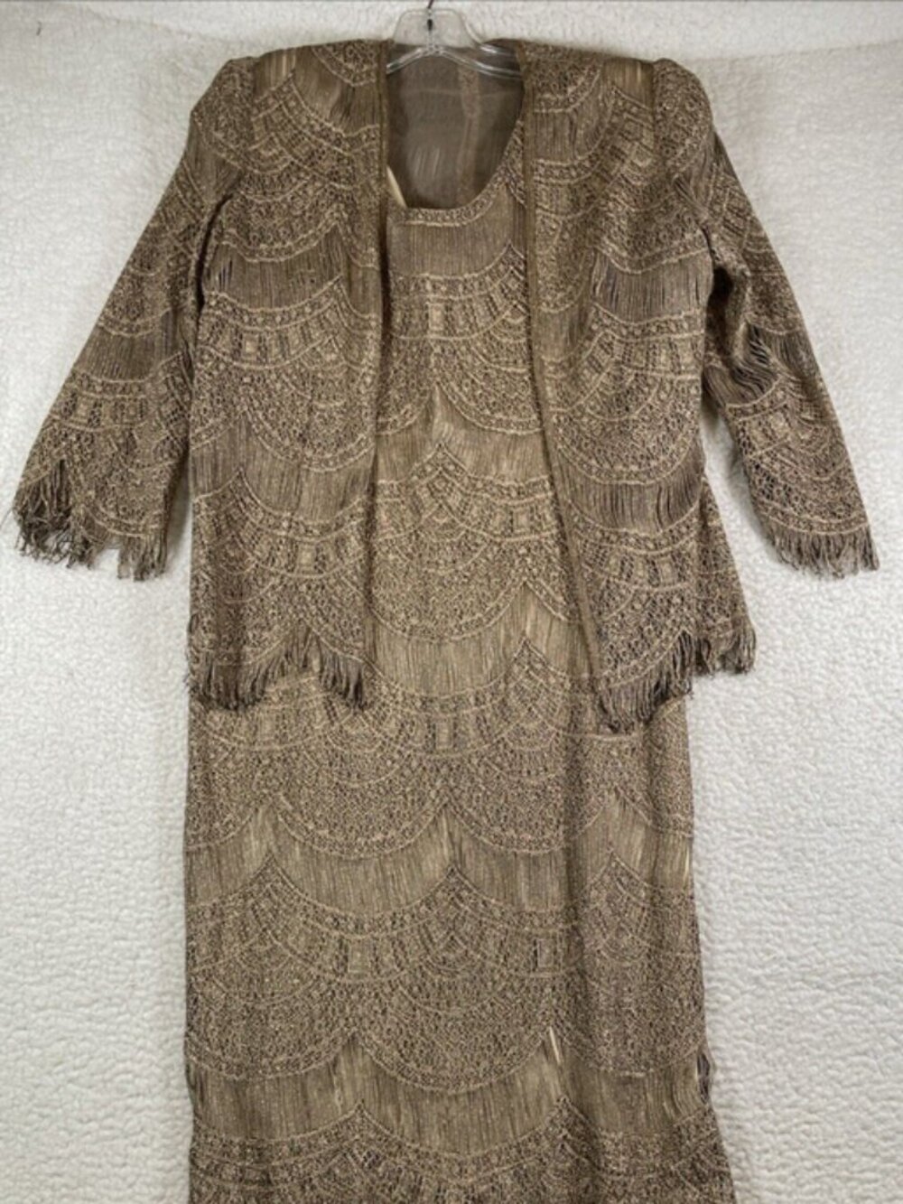 Damianou Metallic Gold Lace Crochet Fringed Tassel Maxi Dress Set Small